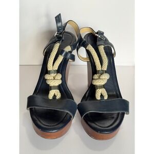 Michael Kors Holly Wedge Sandals Womens 10M Navy Leather Rope Detail